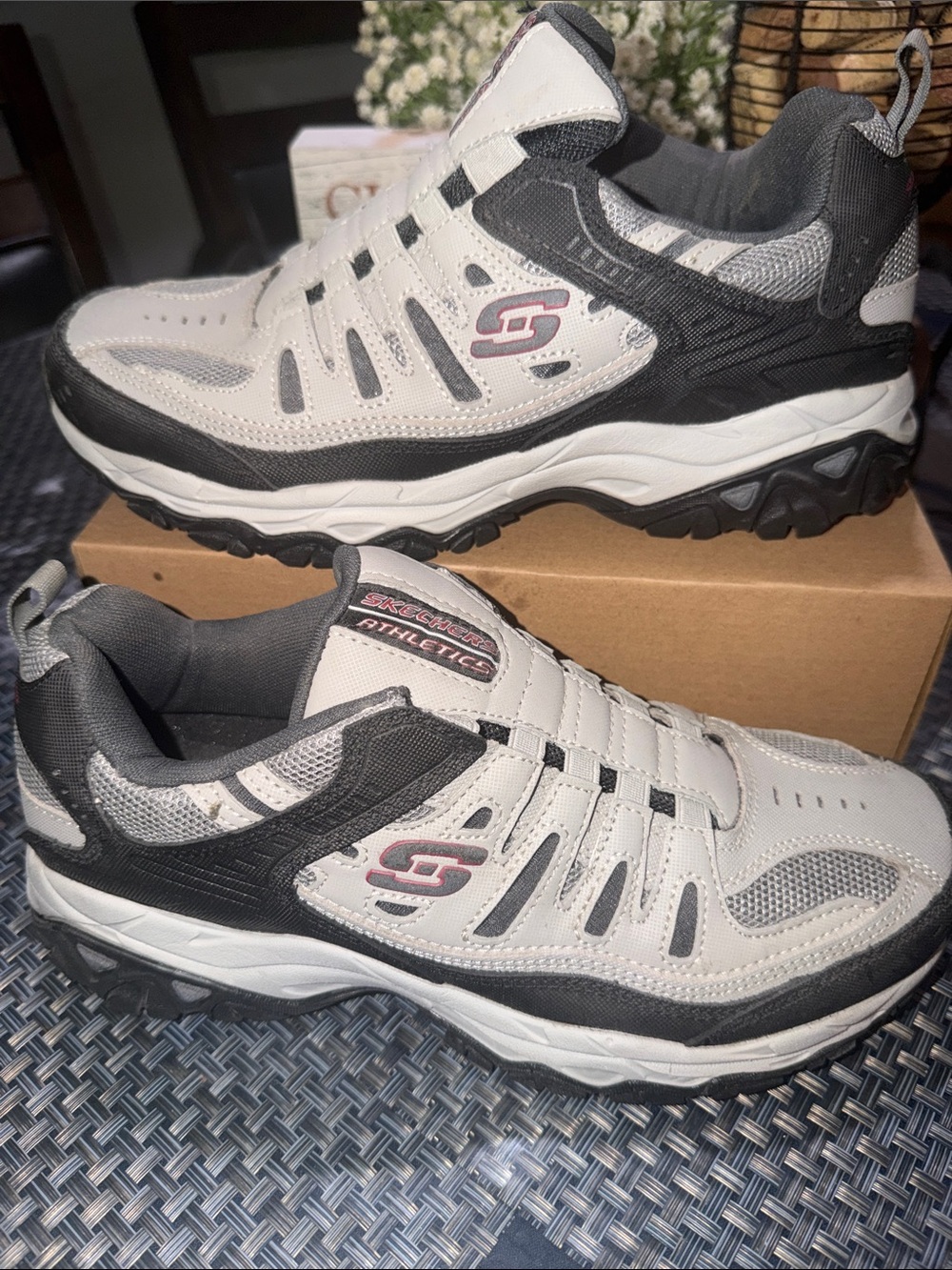Skechers Men’s Gray and Black Athletic Sneakers with Subtle Pink Logo